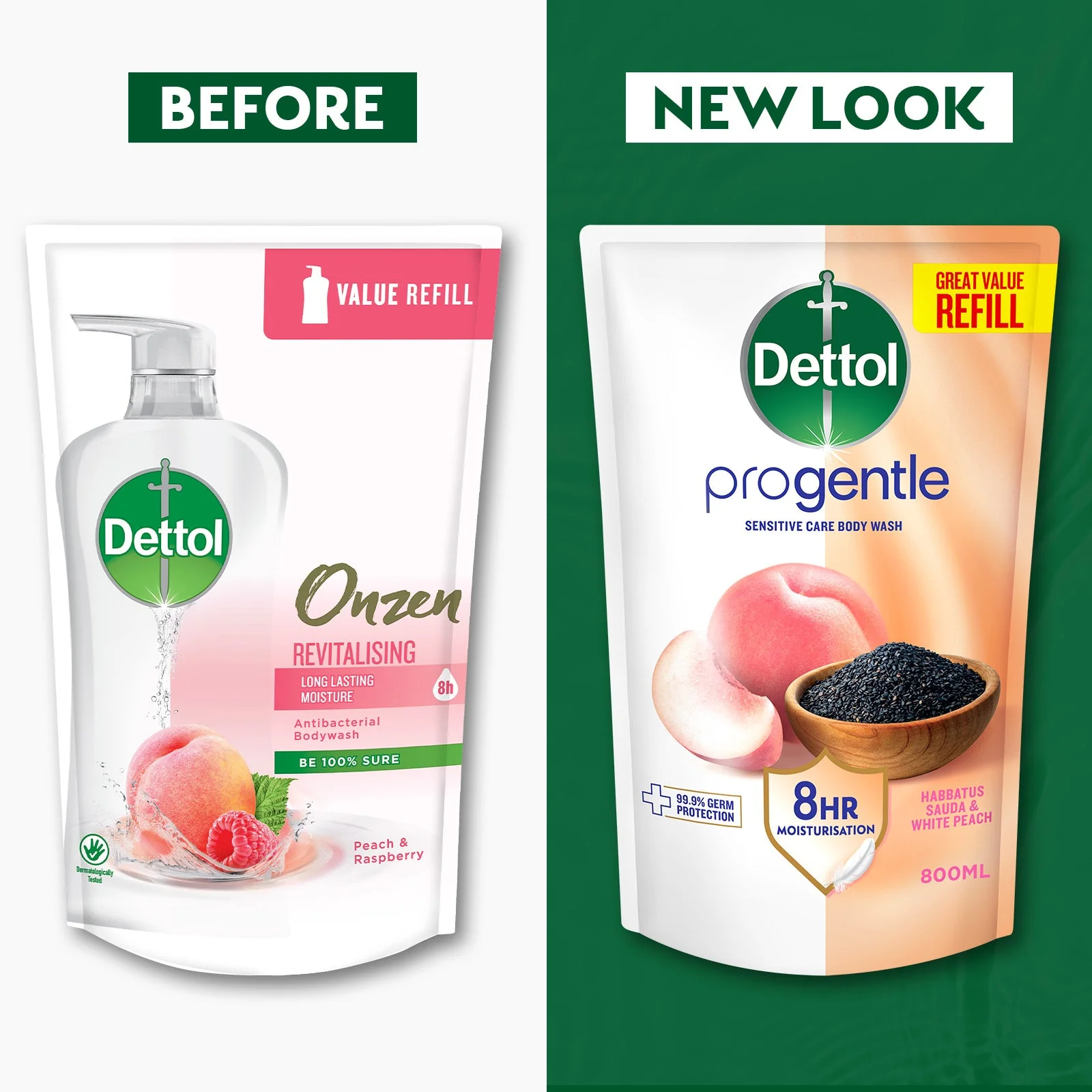 DETTOL PROGENTLE BODY WASH HABBATUS SAUDA & WHITE PEACH REFILL 800G - Image 3