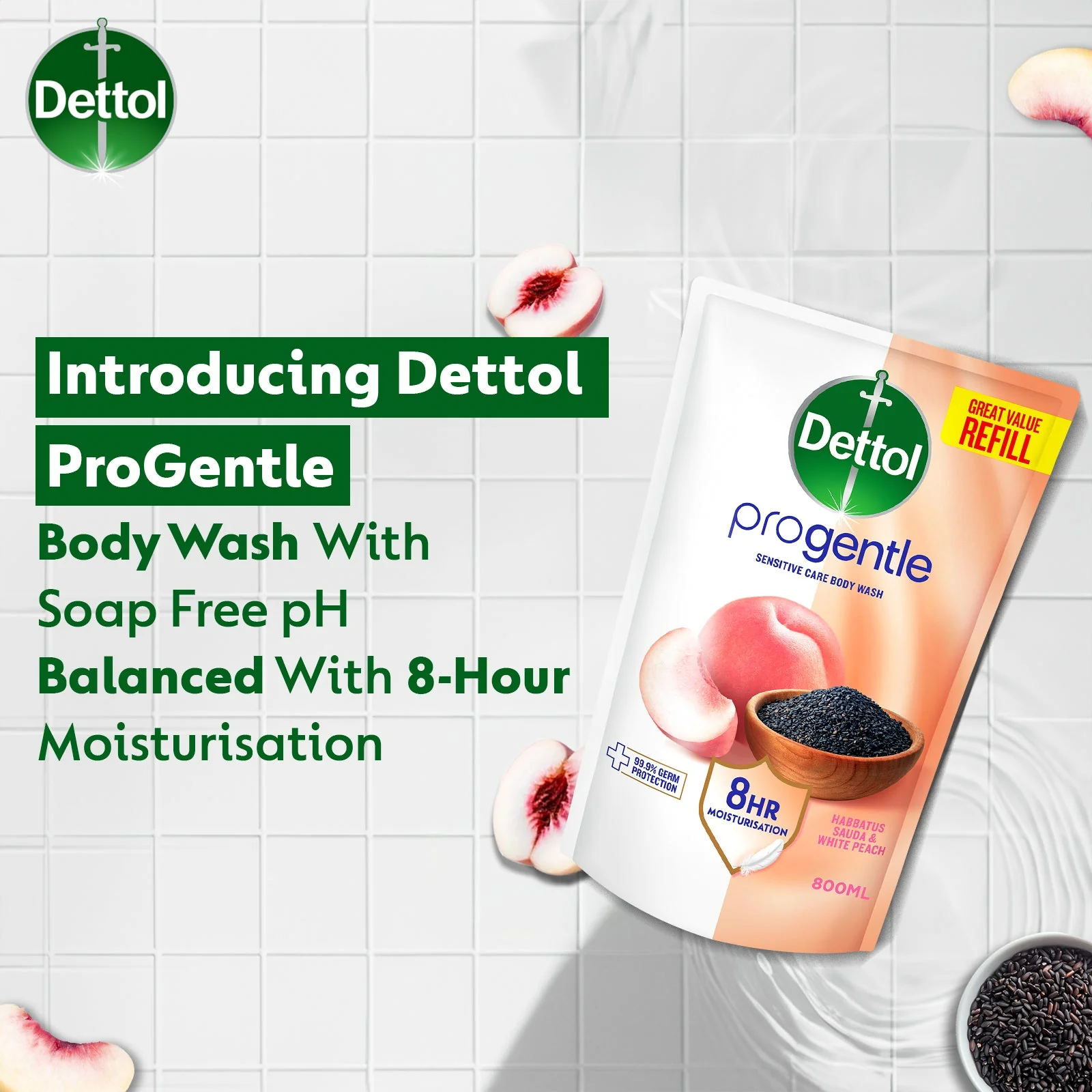 DETTOL PROGENTLE BODY WASH HABBATUS SAUDA & WHITE PEACH REFILL 800G - Image 4