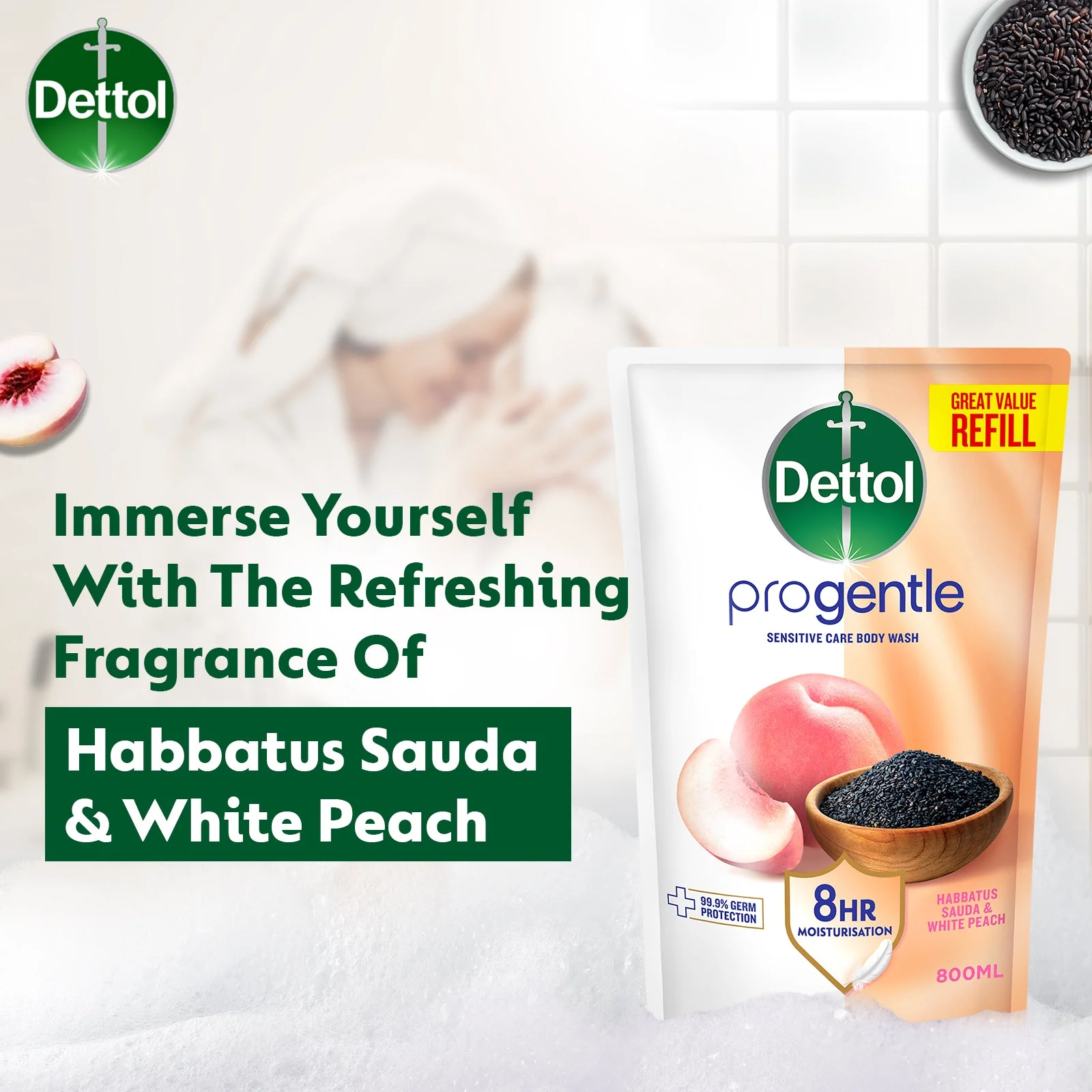 DETTOL PROGENTLE BODY WASH HABBATUS SAUDA & WHITE PEACH REFILL 800G - Image 6