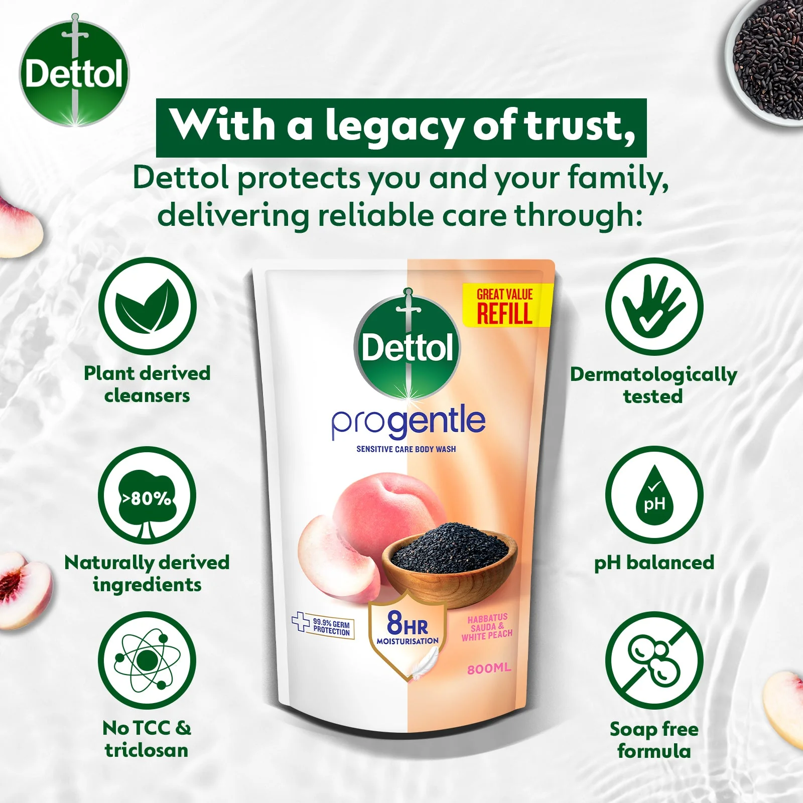 DETTOL PROGENTLE BODY WASH HABBATUS SAUDA & WHITE PEACH REFILL 800G - Image 7