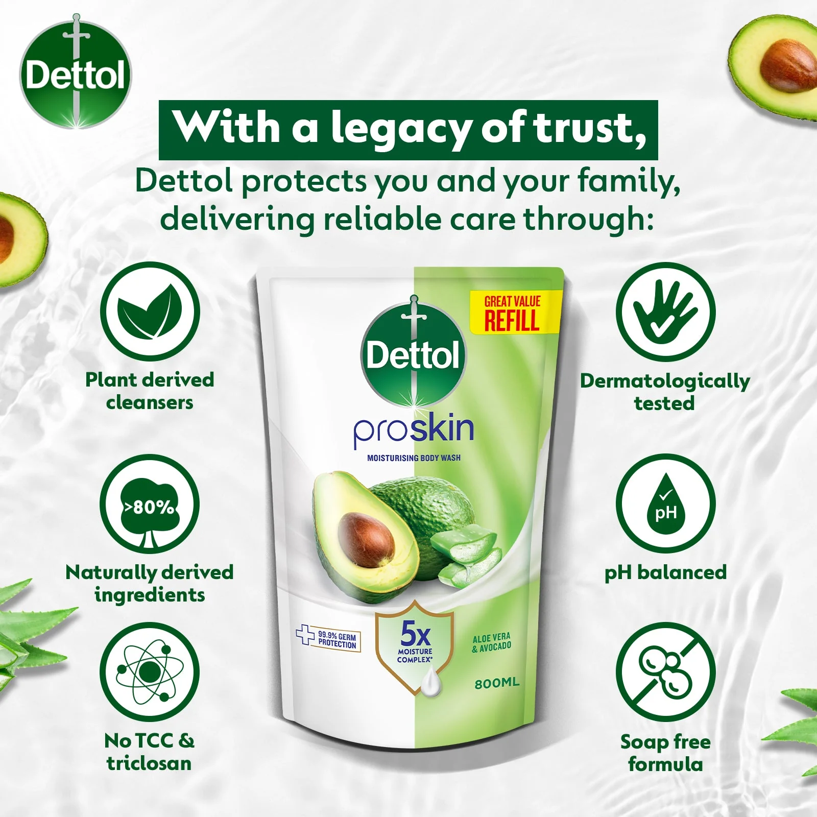 DETTOL PROSKIN BODY WASH ALOE VERA & AVOCADO REFILL 800G - Image 7