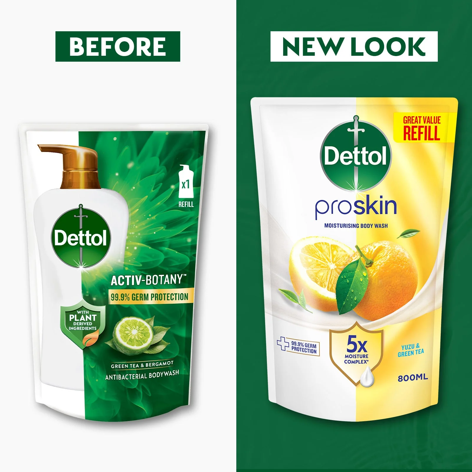 DETTOL PROSKIN BODY WASH BOTANICALS YUZU & GREEN TEA REFILL 800G - Image 3