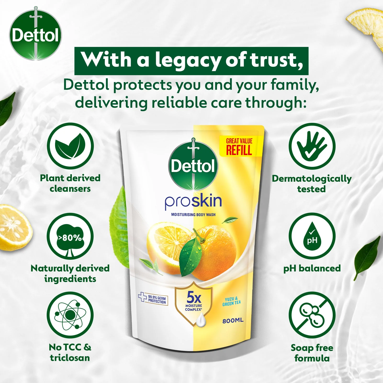 DETTOL PROSKIN BODY WASH BOTANICALS YUZU & GREEN TEA REFILL 800G - Image 7