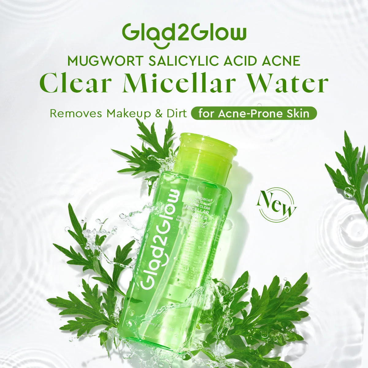 GLAD2GLOW MUGWORT SALICYLIC ACID ACNE CLEAR MICELLAR WATER 300ML - Image 2