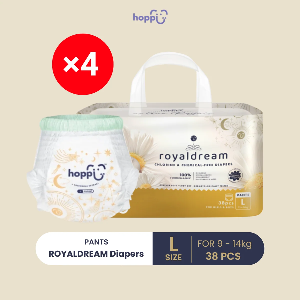 HOPPI ROYAL DREAM PANTS DIAPERS L 38S X4