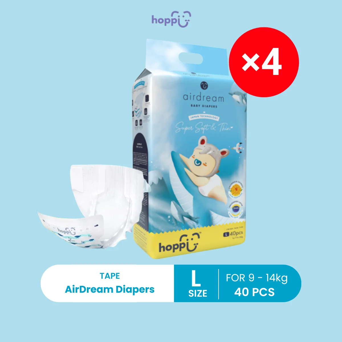 HOPPI TAPE DIAPERS L 40S X 4
