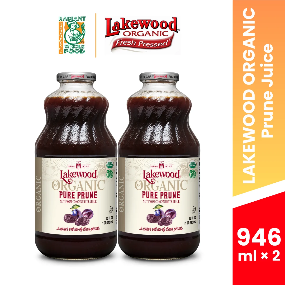 LAKEWOOD ORG PURE PRUNE JUICE 946ML × 2
