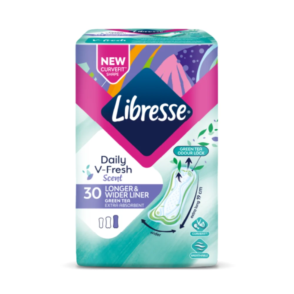LIBRESSE DAILY V-FRESH SCENT GREEN TEA LONGER & WIDER 19CM PANTYLINER 30S