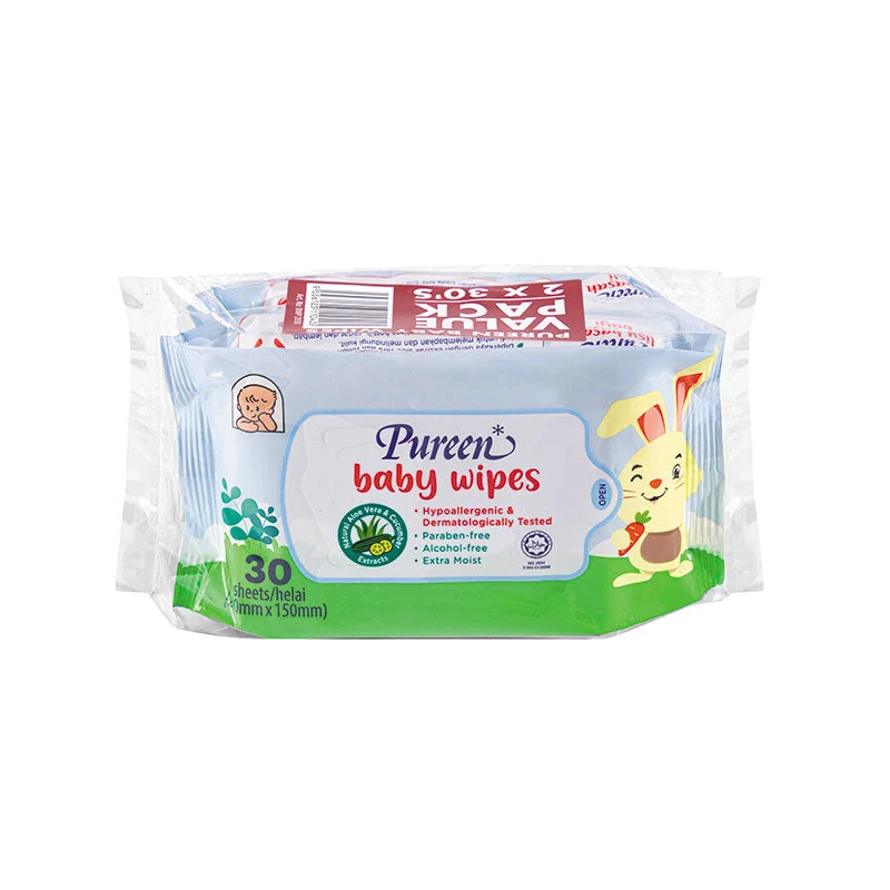 PUREEN BABY WIPE EXTRA MOIST VITAMIN E & ALOE VERA ALCOHOL FREE BLUE 30SX2