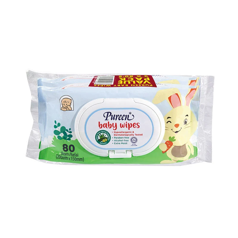 PUREEN BABY WIPE EXTRA MOIST VITAMIN E & ALOE VERA ALCOHOL FREE BLUE 80SX2