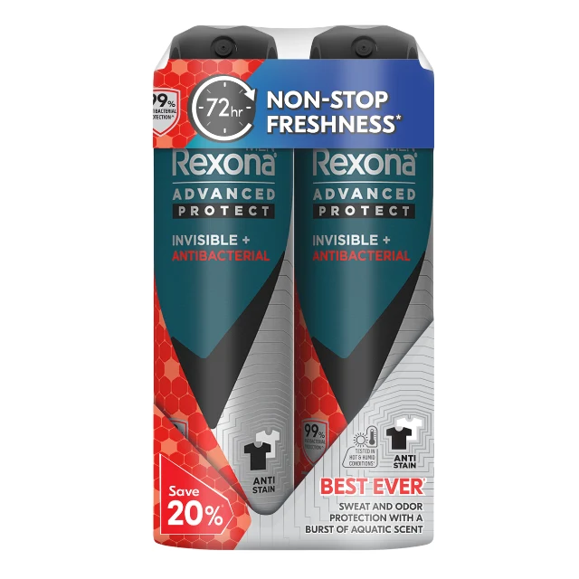 REXONA MEN DEODORANT SPRAY ADVANCED PROTECT INVISIBLE+ANTIBACTERIAL 135ML 2S