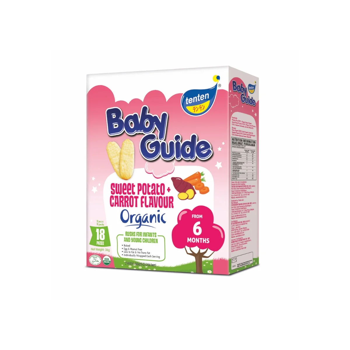 TENTEN BABY GUIDE ORGANIC RICE RUSKS 36G (SWEET POTATO&CARROT)