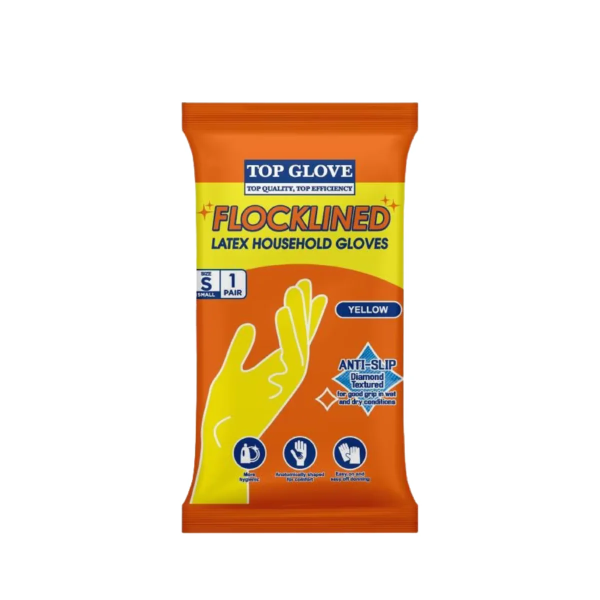 TOP GLOVE FLOCKLINED LATEX HOUSEHOLD GLOVES YELLOW S 1P