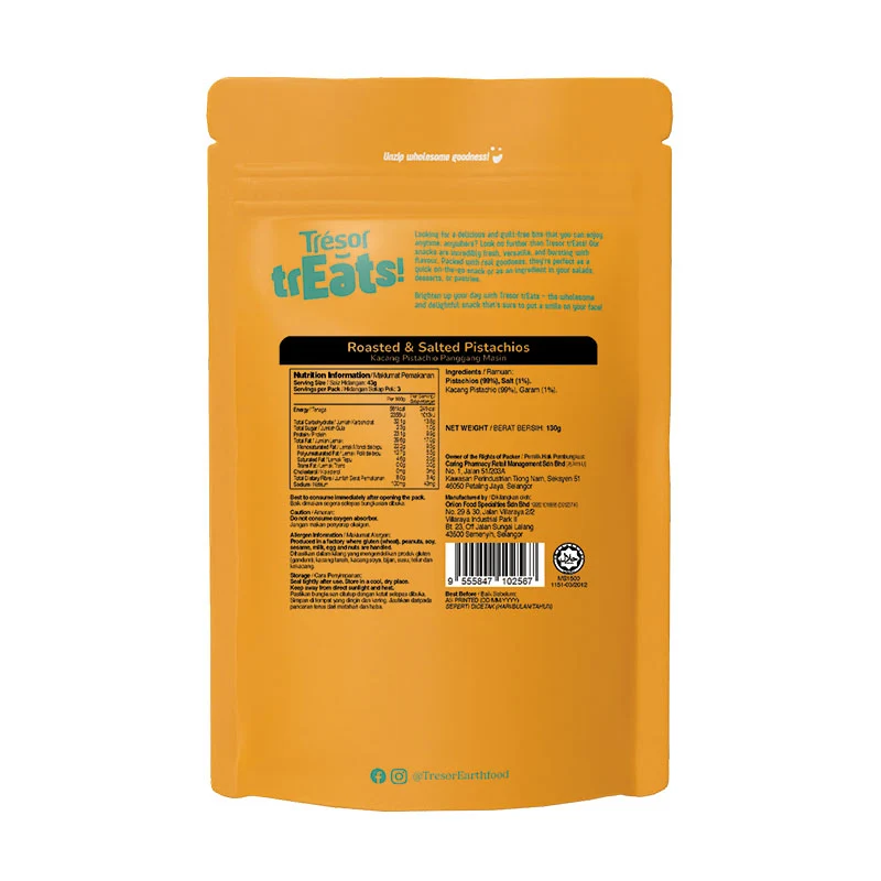 TRESOR TREATS ROASTED & SALTED PISTACHIOS 130G - Image 2