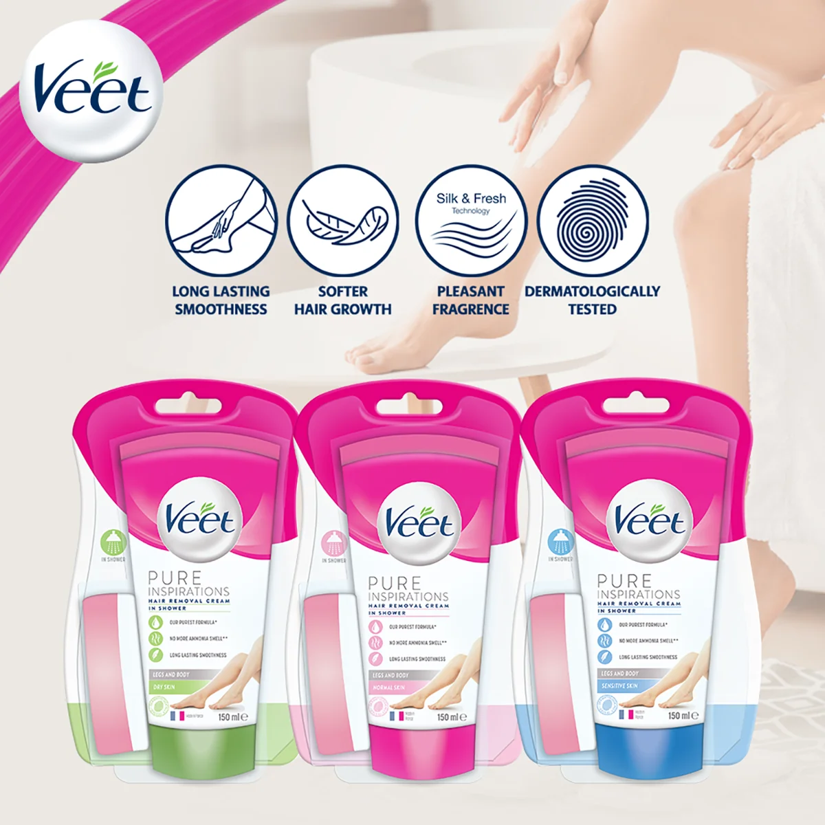 VEET IN SHOWER HAIR REMOVAL CREAM NORMAL SKIN 150ML - Image 2